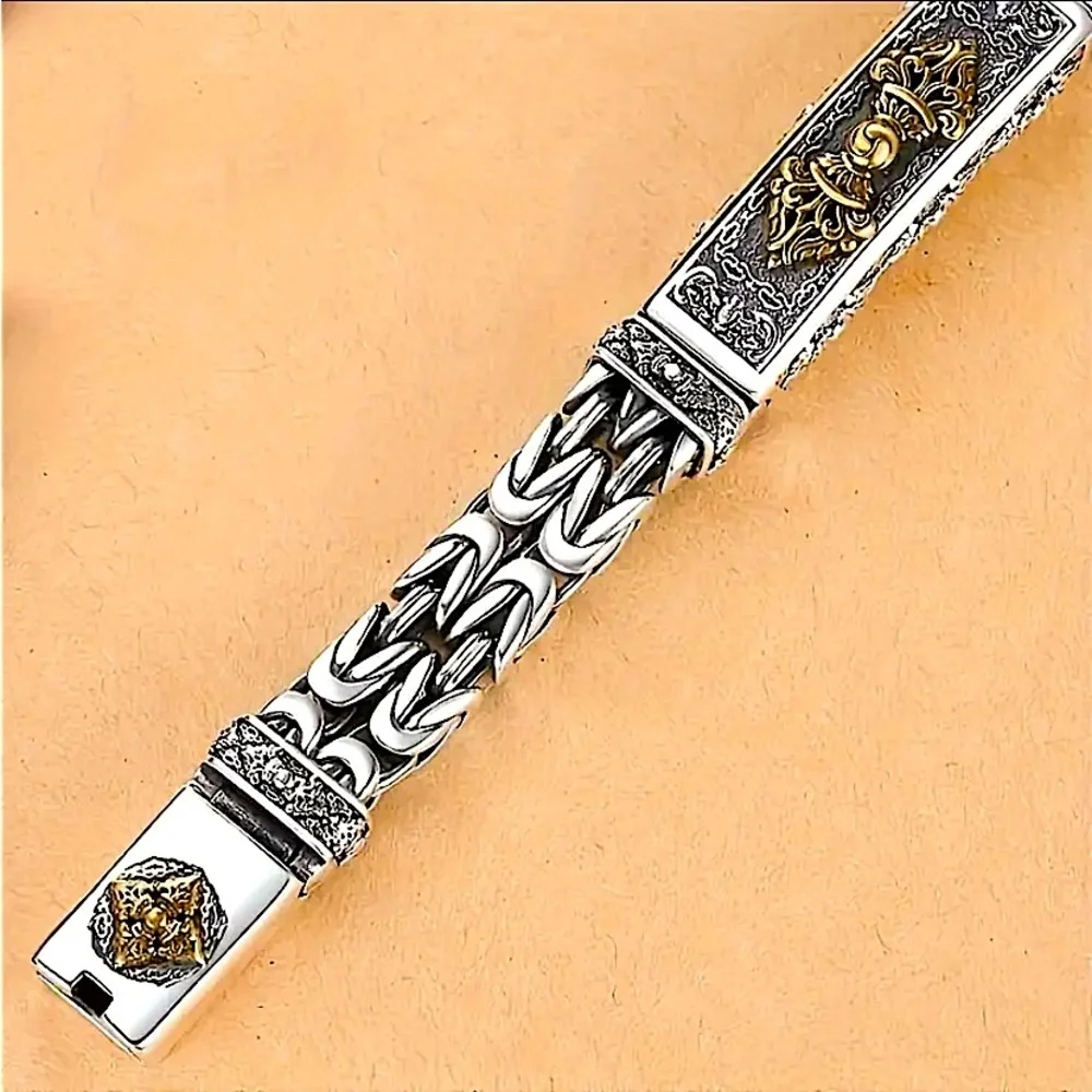 Stainless Steel Chain Link Bracelet, Mantra, Curb Hand Woven Engraved